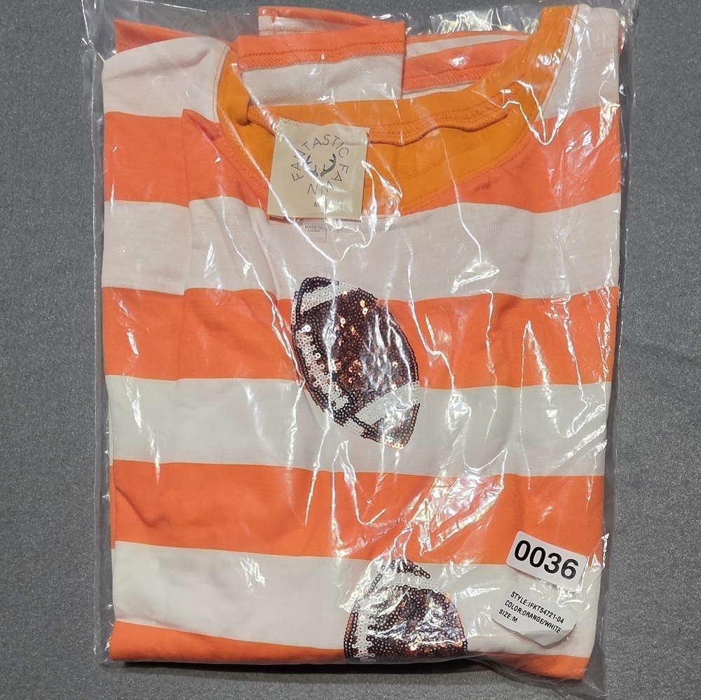 Fantastic Fawn NWOT New In Poly Orange White Patch Striped Football Shirt PTP33 - Picture 5 of 6